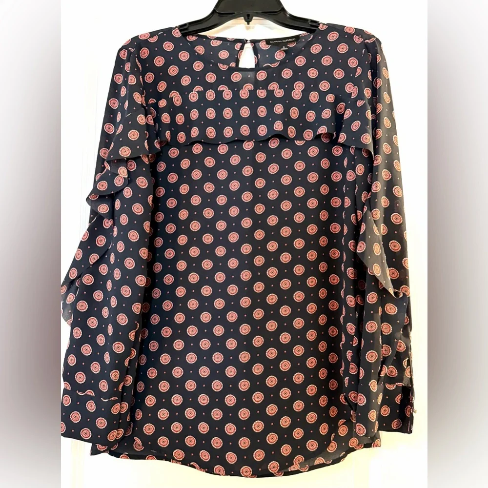 Long sleeve ruffle front blue and Pink Floral Blouse - Picture 3 of 8